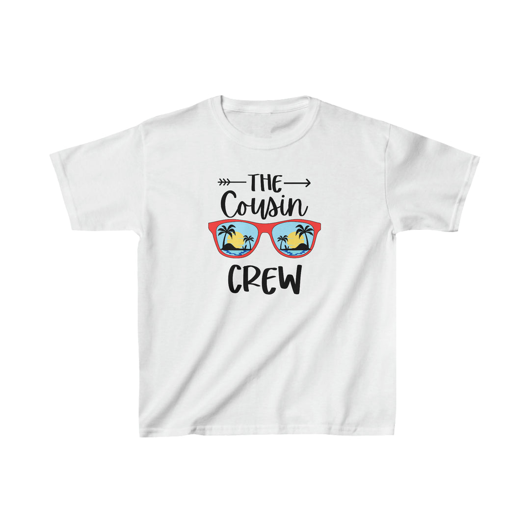 A white kids heavy cotton tee with a graphic design, ideal for everyday wear. Made of 100% cotton, featuring twill tape shoulders for durability and ribbed collar for curl resistance. Classic fit, tear-away label, no side seams.