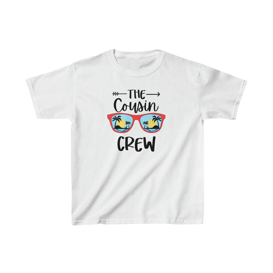 A white kids heavy cotton tee with a graphic design, ideal for everyday wear. Made of 100% cotton, featuring twill tape shoulders for durability and ribbed collar for curl resistance. Classic fit, tear-away label, no side seams.