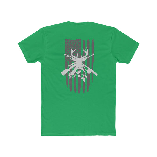 Real American Tee: Green shirt featuring a white deer, flag, and guns. Premium fitted, 100% combed cotton, light fabric. Ideal for workouts or daily wear. Sizes XS-4XL.