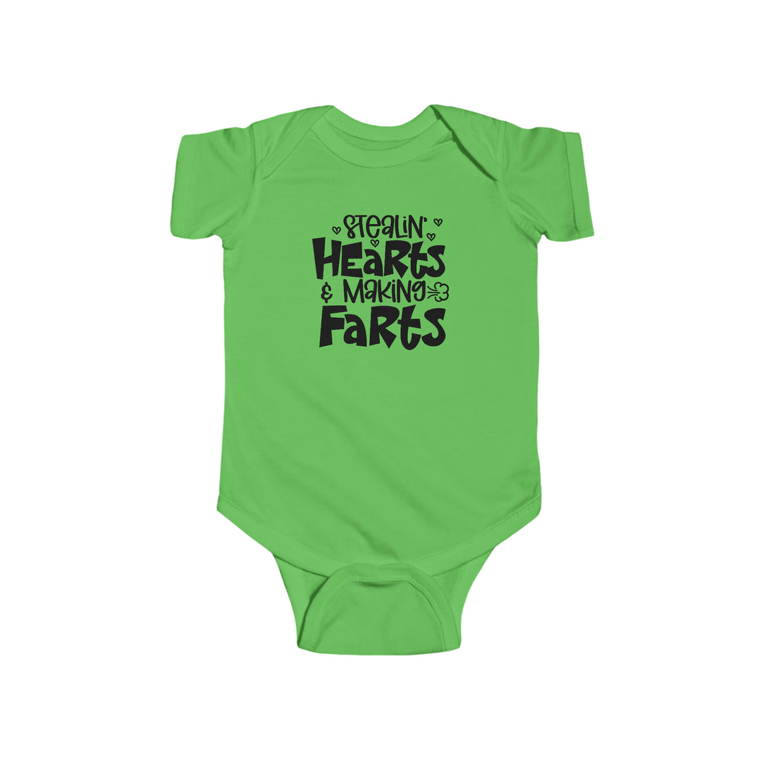A humorous infant bodysuit titled Stealin Hearts and Making Farts Onesie from Worlds Worst Tees. Features include 100% cotton fabric, ribbed knitting for durability, and plastic snaps for easy changing access.