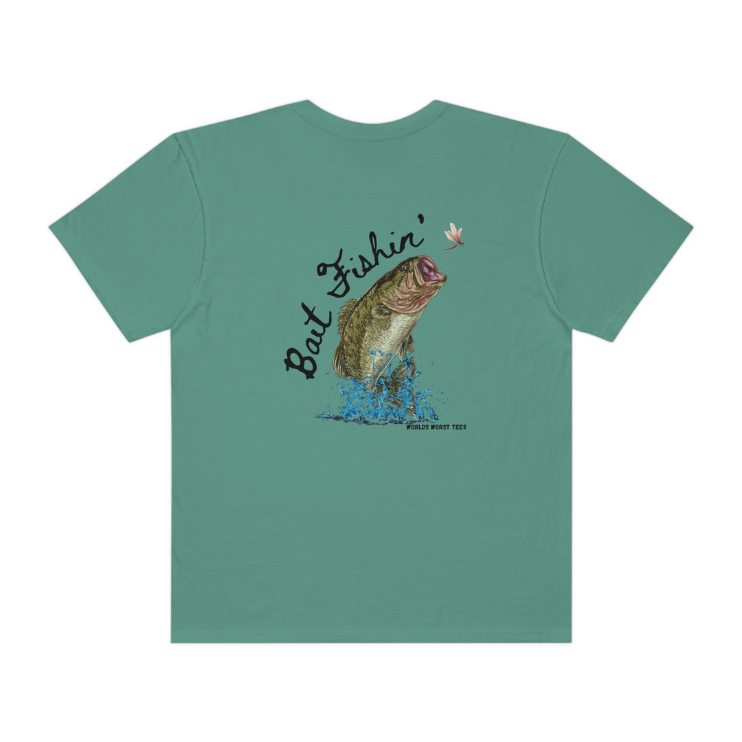 Bait Fishin Tee: A relaxed-fit t-shirt featuring a fish jumping out of water design. 100% ring-spun cotton, durable double-needle stitching, and tubular shape for cozy daily wear.