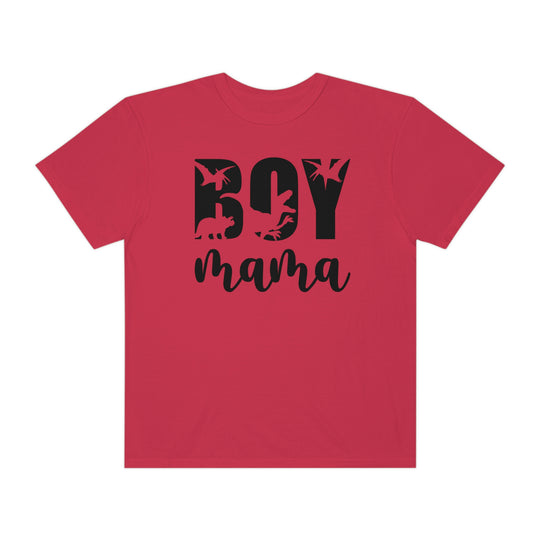 Total Boy Mama Tee: A red shirt with black text, 100% ring-spun cotton, medium weight, relaxed fit, durable double-needle stitching, no side-seams for tubular shape.