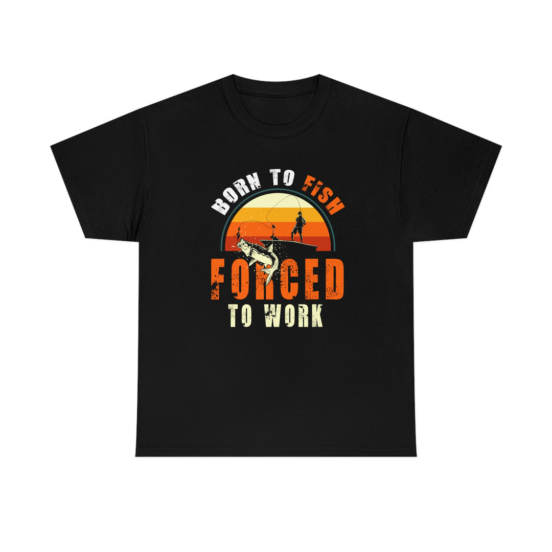 Unisex Born to Fish Tee: Black shirt with fishing graphic. No side seams for comfort, durable tape on shoulders, ribbed collar. 100% cotton, classic fit. Sizes S-5XL.