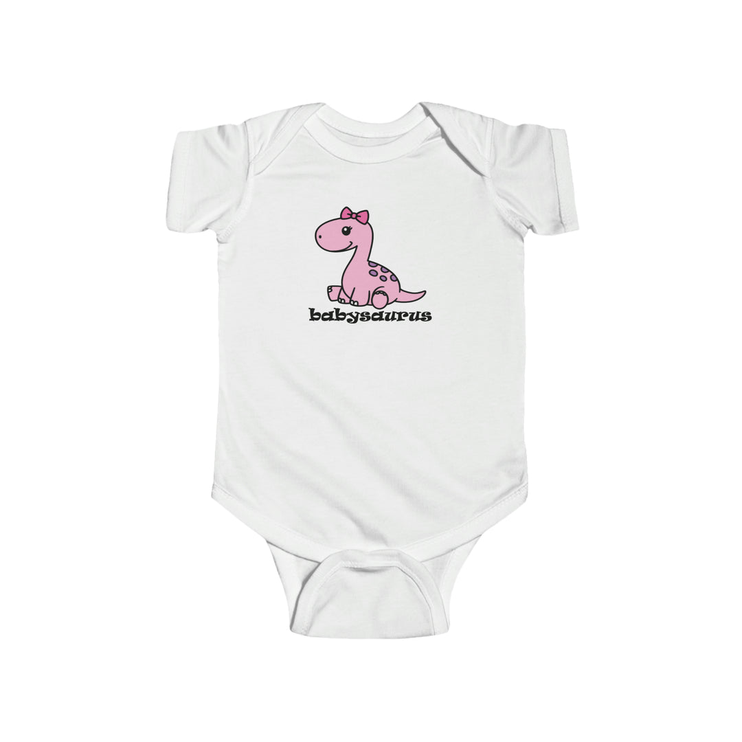A white baby bodysuit featuring a pink dinosaur design, ideal for infants. Made of 100% cotton, with ribbed knit bindings and plastic snaps for easy changing. From Worlds Worst Tees, known for unique graphic tees.
