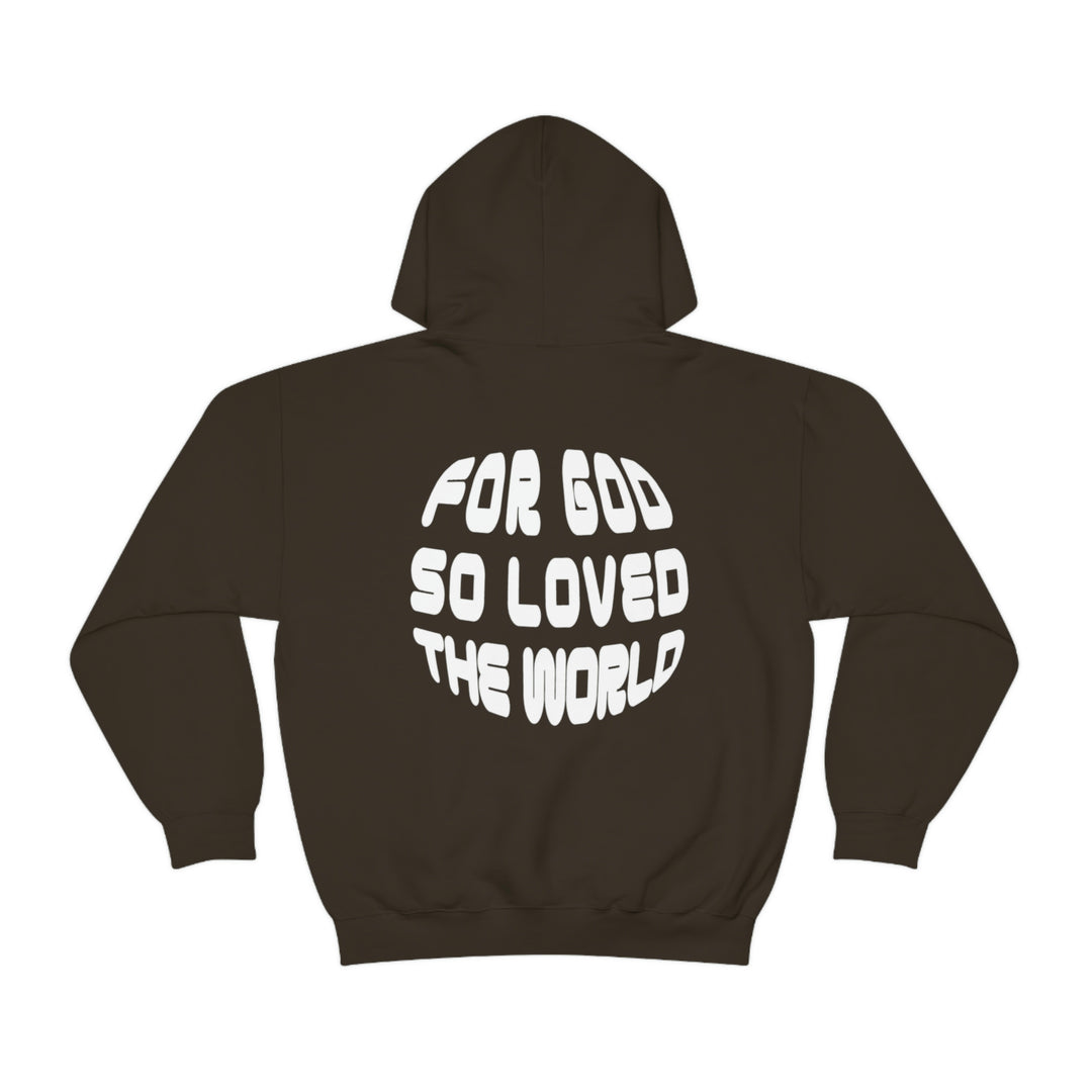 Unisex For God So Loved the World Hoodie, black with white text. Heavy blend cotton and polyester, kangaroo pocket, drawstring hood. Classic fit, tear-away label, true to size.