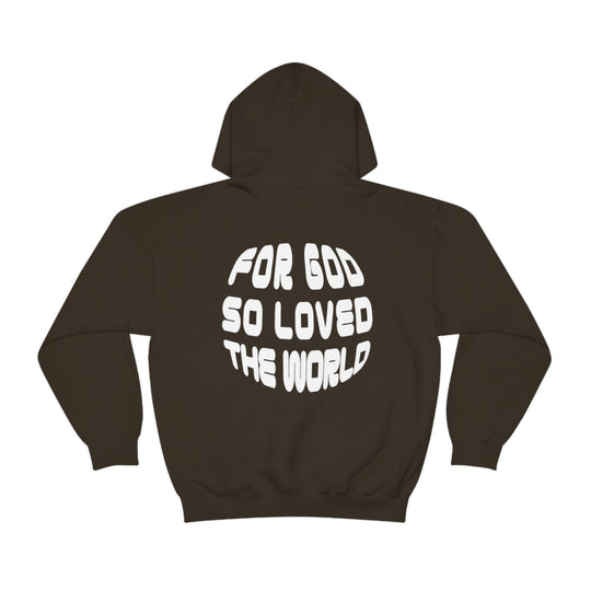 Unisex For God So Loved the World Hoodie, black with white text. Heavy blend cotton and polyester, kangaroo pocket, drawstring hood. Classic fit, tear-away label, true to size.