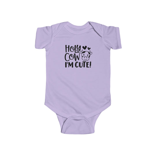 A baby bodysuit featuring a cute cow design, made of 100% cotton for durability and softness. Plastic snaps for easy changing access. From Worlds Worst Tees, known for unique graphic t-shirts.