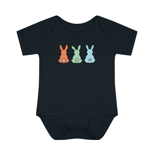 Infant Bunnies Easter Onesie with lap shoulders for easy dressing, made of soft ring-spun cotton. Unisex fit, light fabric, perfect for younglings. From Worlds Worst Tees.