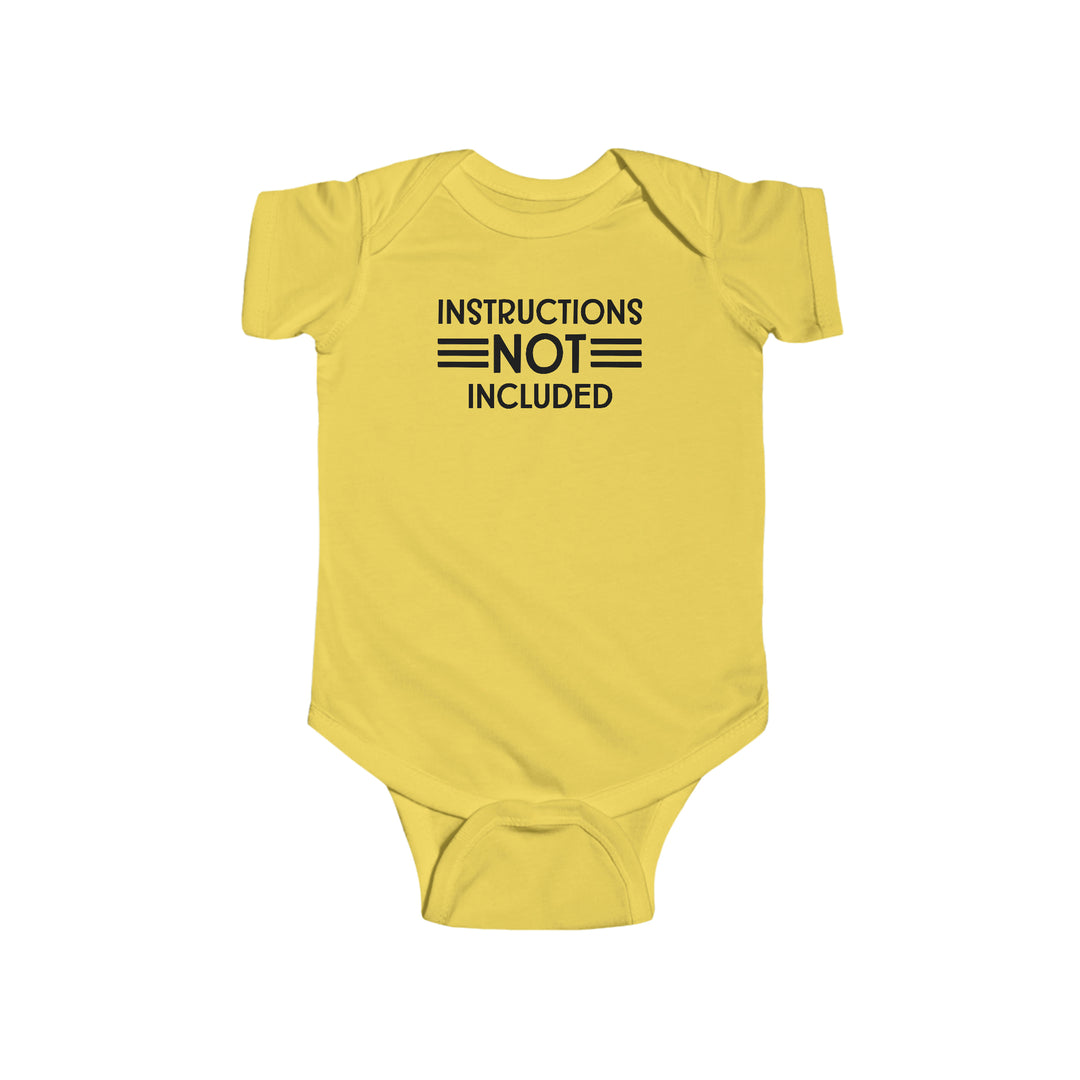 A yellow baby bodysuit with black text, featuring the title Instructions Not Included Onesie from Worlds Worst Tees. Made of 100% cotton, light fabric, with ribbed knitting for durability and plastic snaps for easy changing access.