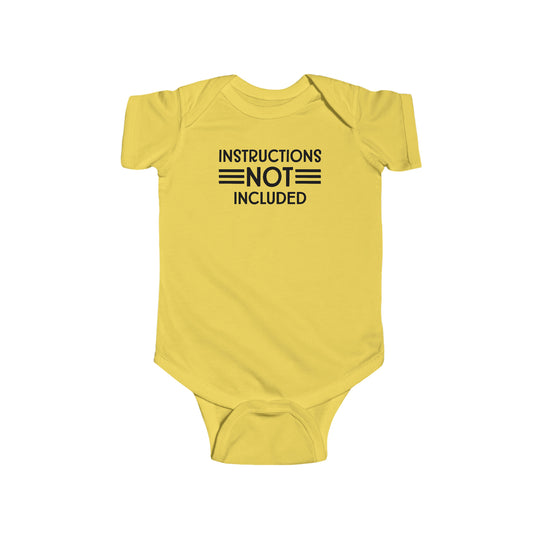 A yellow baby bodysuit with black text, featuring the title Instructions Not Included Onesie from Worlds Worst Tees. Made of 100% cotton, light fabric, with ribbed knitting for durability and plastic snaps for easy changing access.