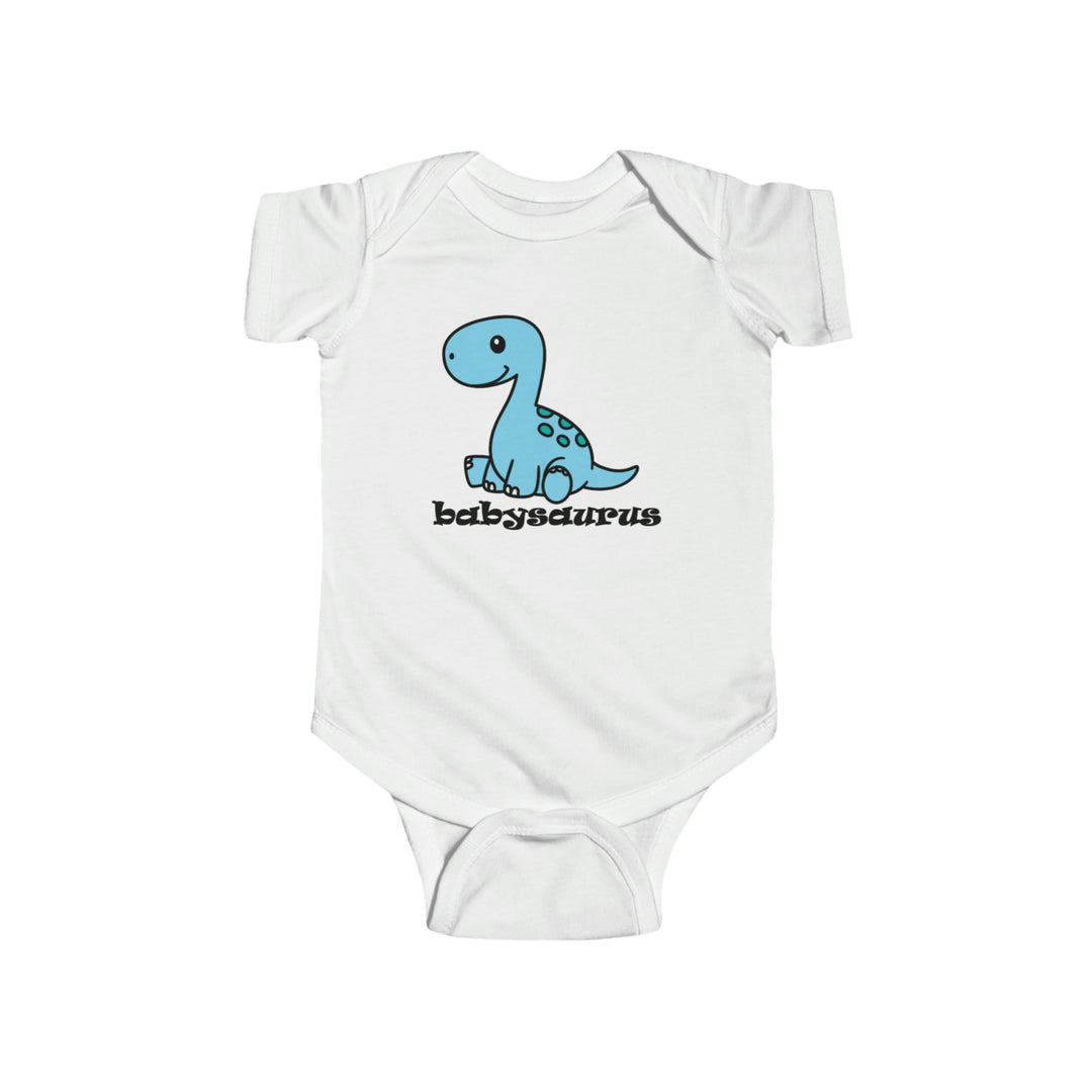 A white baby bodysuit featuring a blue dinosaur design, perfect for infants. Made of 100% cotton, with ribbed knitting for durability and plastic snaps for easy changes. From Worlds Worst Tees.