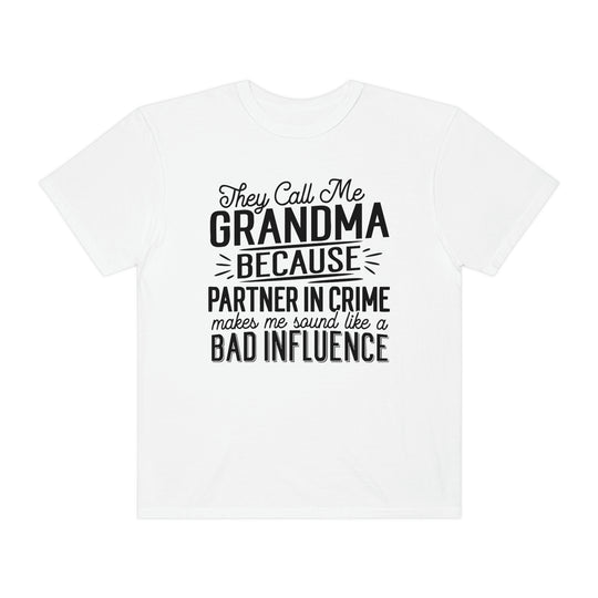 Grandma Tee: White shirt with black text, 100% ring-spun cotton, garment-dyed for coziness. Relaxed fit, double-needle stitching for durability, seamless design. From Worlds Worst Tees.