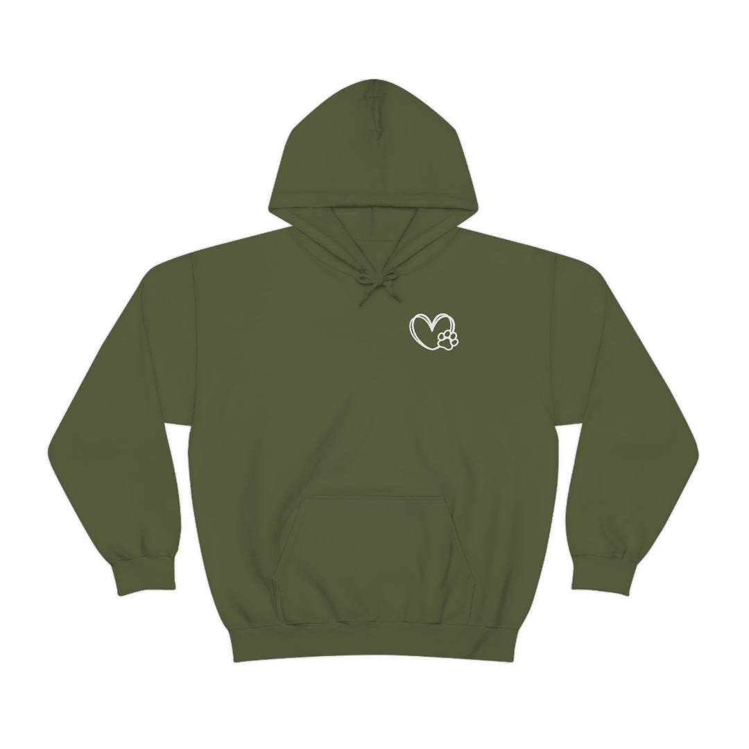 Unisex Dogs are my Favorite People Hoodie: Green sweatshirt with heart and paw print. Thick cotton-polyester blend, kangaroo pocket, classic fit. Ideal for warmth and comfort. From Worlds Worst Tees.