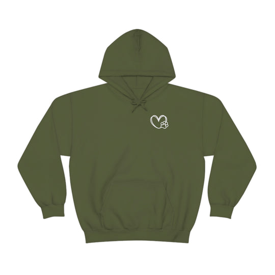 Unisex Dogs are my Favorite People Hoodie: Green sweatshirt with heart and paw print. Thick cotton-polyester blend, kangaroo pocket, classic fit. Ideal for warmth and comfort. From Worlds Worst Tees.