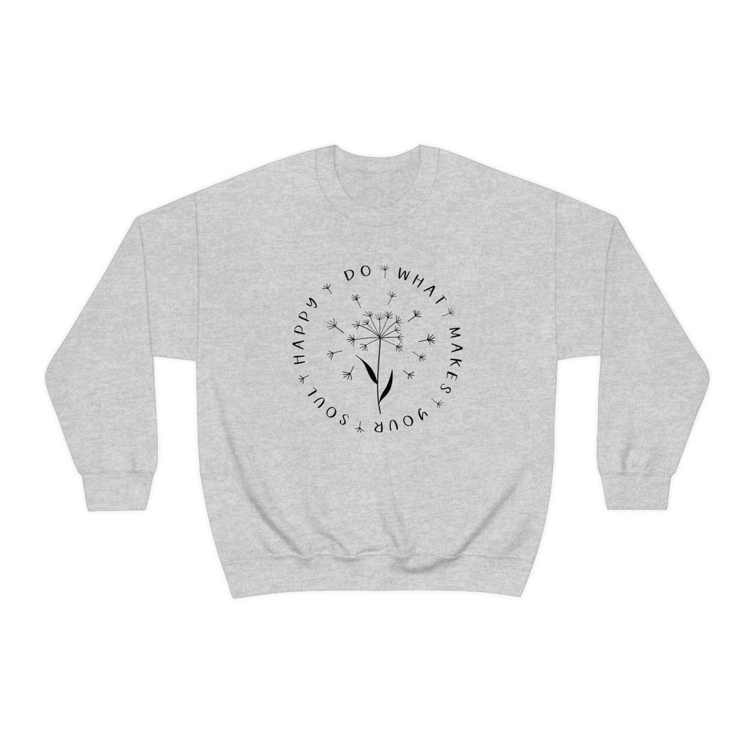 Unisex Happy Soul Crewneck sweatshirt with logo and plant graphic. Polyester-cotton blend, ribbed knit collar, no itchy seams. Medium-heavy fabric, loose fit, sewn-in label. Ideal for comfort in any situation.