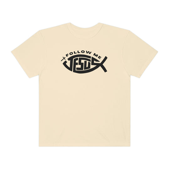 Relaxed fit Jesus Follow Me Tee, white shirt with black text. 100% ring-spun cotton, garment-dyed for coziness. Durable double-needle stitching, no side-seams for tubular shape.