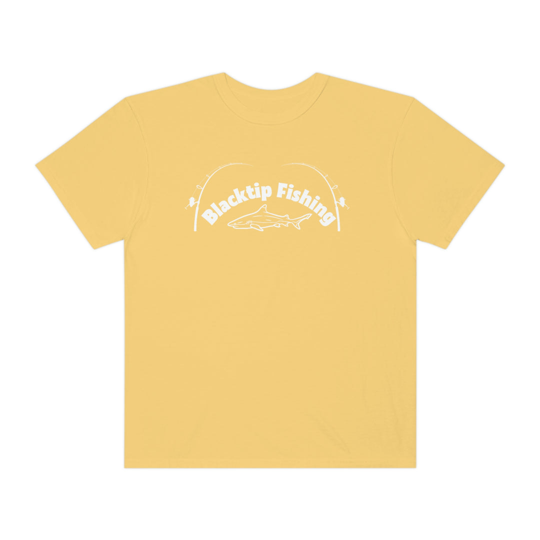 Comfort Colors Blacktip Fishing Unisex Tee: 100% ring-spun cotton, medium fabric, relaxed fit, durable double-needle stitching, tubular shape with sewn-in twill label.