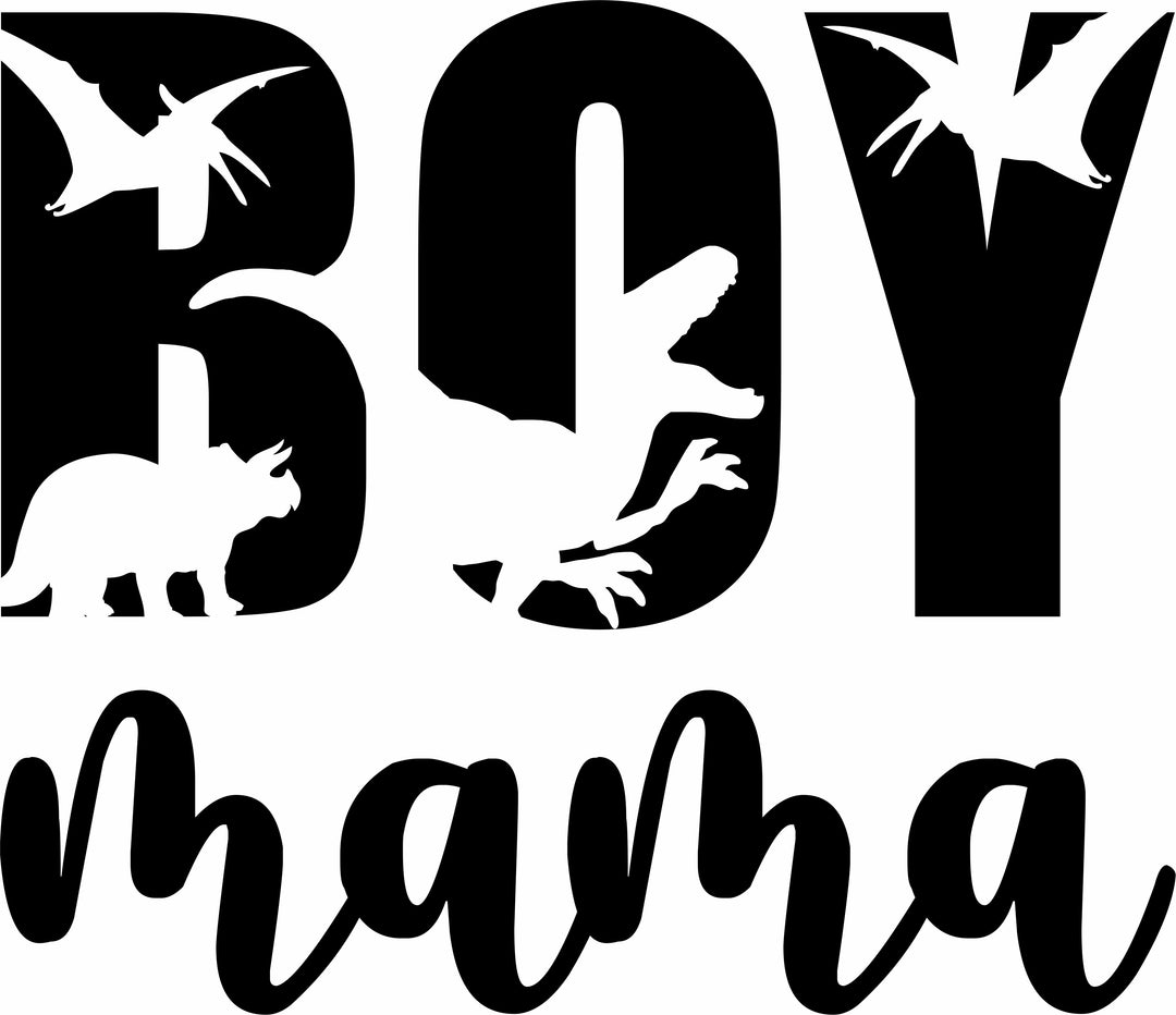 A black and white Total Boy Mama Tee graphic featuring dinosaurs and letters on a ring-spun cotton t-shirt. Relaxed fit, double-needle stitching, and seamless design for durability and comfort. From Worlds Worst Tees.