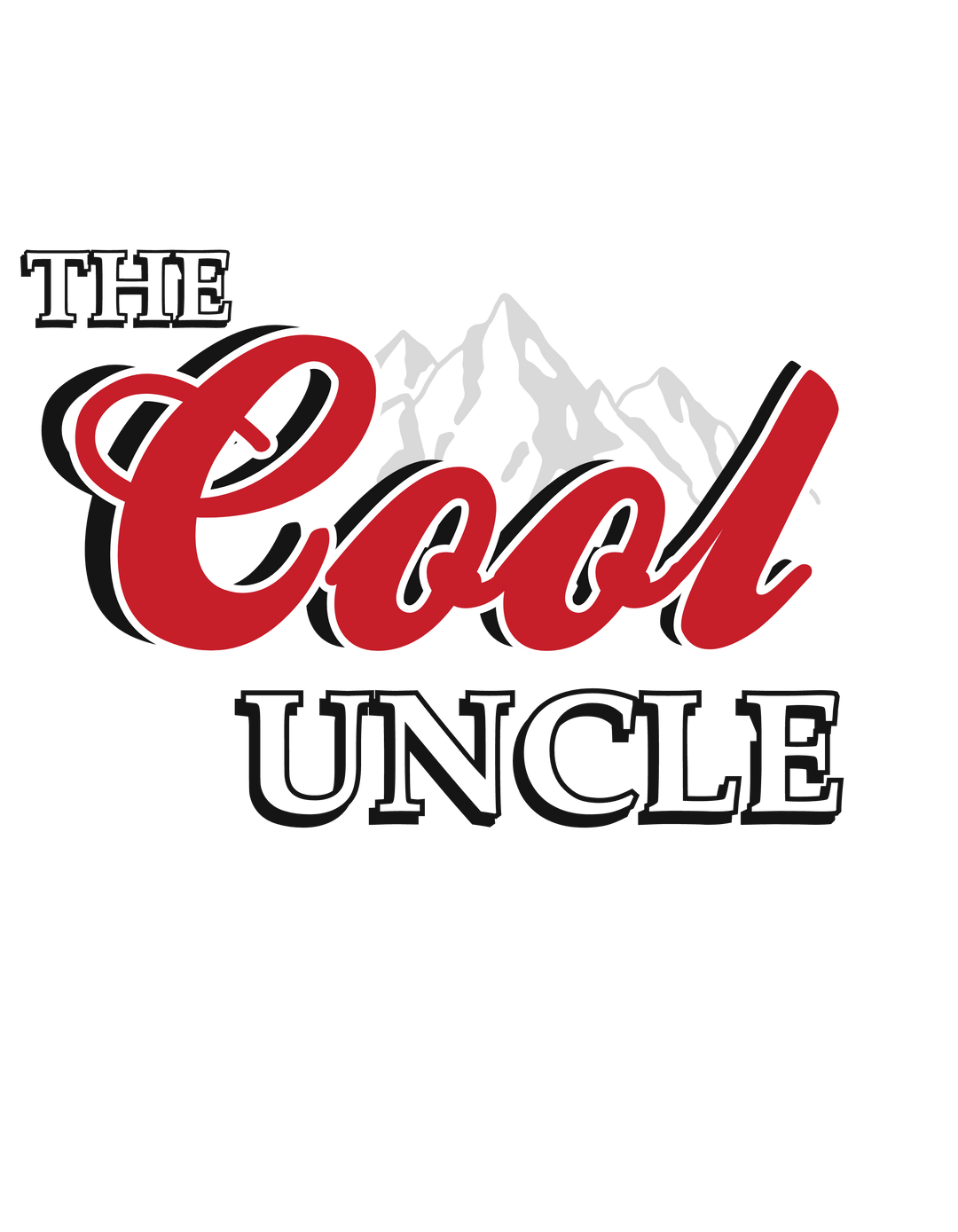 A premium Cool Uncle Tee for men, featuring a red and white logo with mountains. 100% combed cotton, ribbed knit collar, roomy fit, and side seams for durability. Ideal for workouts or daily wear.