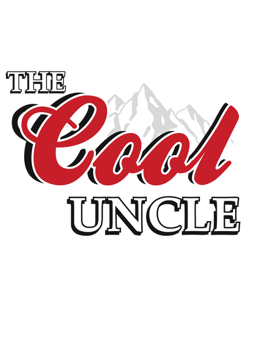 A premium Cool Uncle Tee for men, featuring a red and white logo with mountains. 100% combed cotton, ribbed knit collar, roomy fit, and side seams for durability. Ideal for workouts or daily wear.