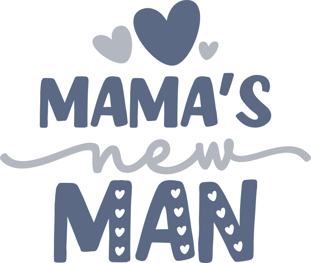 A black background with text and hearts featuring Mama's New Man Onesie, a soft and durable infant fine jersey bodysuit. 100% cotton fabric, ribbed knitting for durability, plastic snaps for easy changing access. Ideal for newborns up to 24 months.