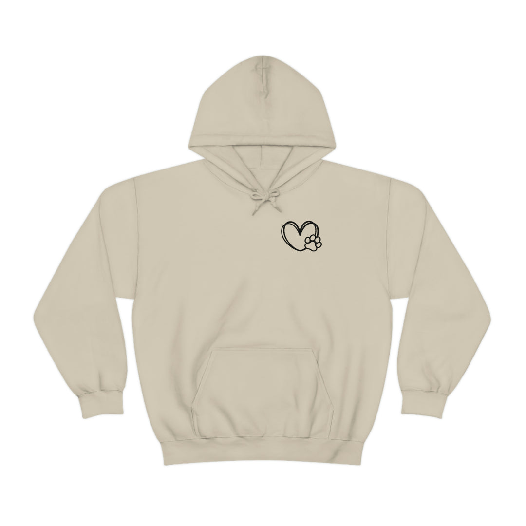 Unisex Dogs are my Favorite People Hoodie with heart and paw print design. Cotton-polyester blend, kangaroo pocket, classic fit, tear-away label. Medium-heavy fabric for warmth and comfort.