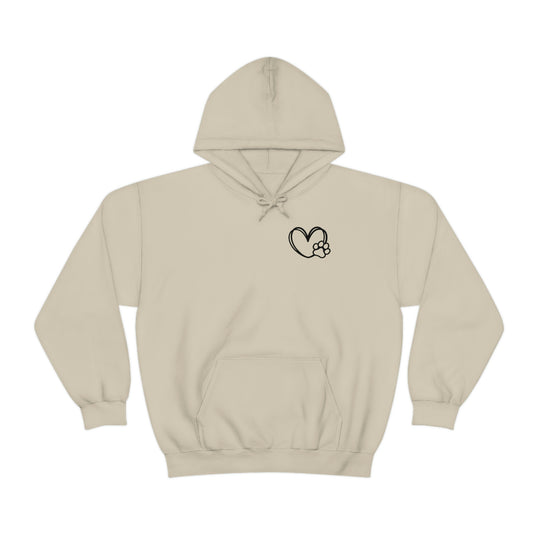 Unisex Dogs are my Favorite People Hoodie with heart and paw print design. Cotton-polyester blend, kangaroo pocket, classic fit, tear-away label. Medium-heavy fabric for warmth and comfort.