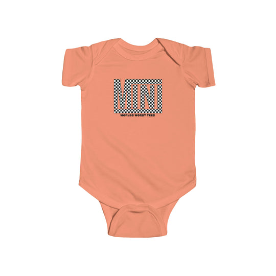 A Vans Mini Onesie baby bodysuit with logo, featuring durable 100% cotton fabric, ribbed knit bindings, and plastic snaps for easy changing. From Worlds Worst Tees, known for unique graphic t-shirts.