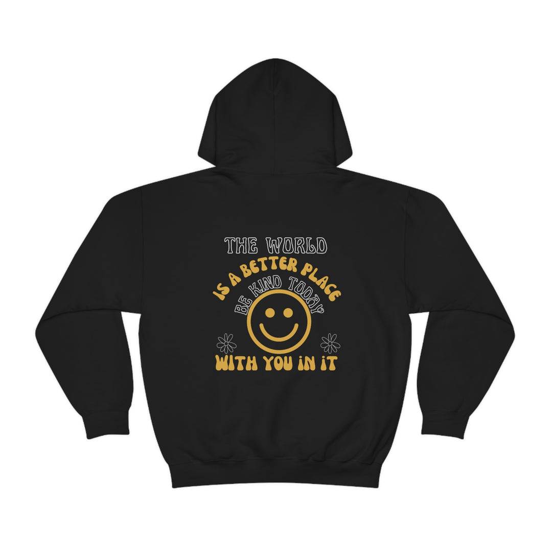 Unisex Be Kind Today Hoodie: A black sweatshirt with white text and a smiley face, featuring a kangaroo pocket and drawstring hood. Made of 50% cotton, 50% polyester blend for comfort and warmth.