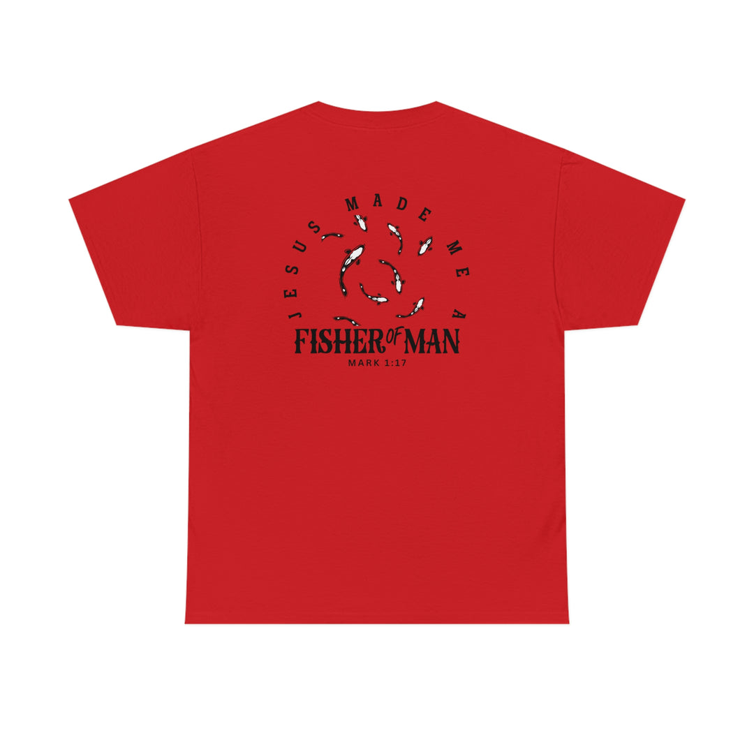Unisex Fisher of Man Tee, red shirt with black fish design. Heavy cotton, no side seams, ribbed collar, durable tape on shoulders. Classic fit, 100% cotton. Sizes S-5XL.