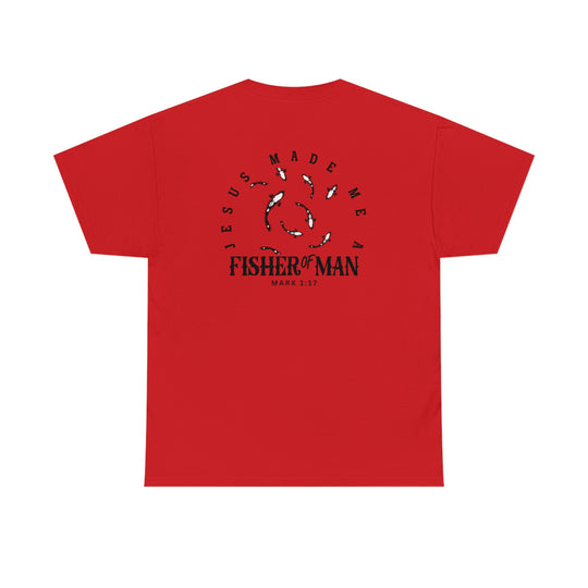 Unisex Fisher of Man Tee, red shirt with black fish design. Heavy cotton, no side seams, ribbed collar, durable tape on shoulders. Classic fit, 100% cotton. Sizes S-5XL.