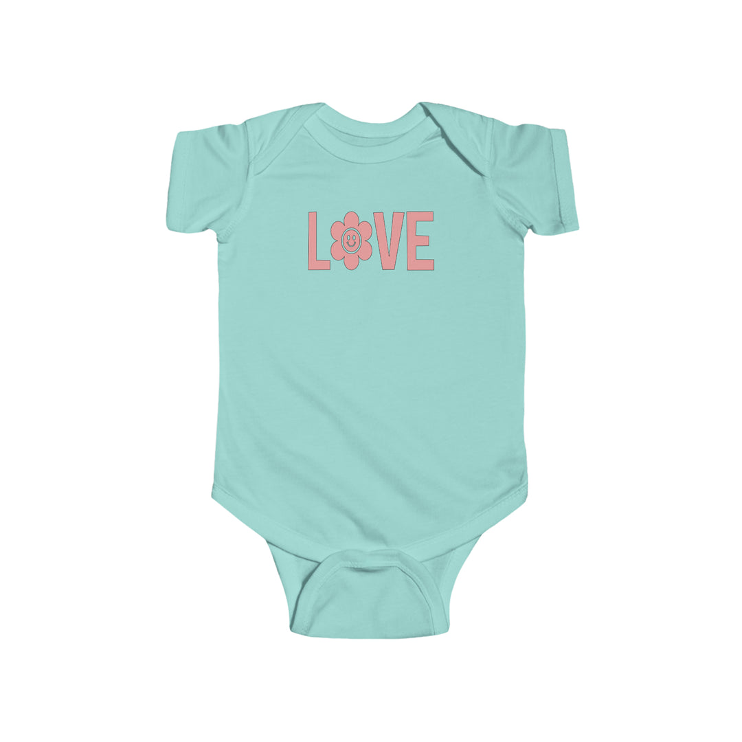 A durable and soft Love Onesie infant bodysuit, with 100% cotton fabric for solid colors and ribbed knitting for durability. Plastic snaps at the cross closure for easy changing access. Combed ringspun cotton, light fabric, tear away label.