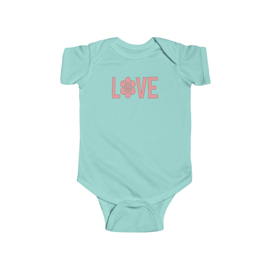 A durable and soft Love Onesie infant bodysuit, with 100% cotton fabric for solid colors and ribbed knitting for durability. Plastic snaps at the cross closure for easy changing access. Combed ringspun cotton, light fabric, tear away label.