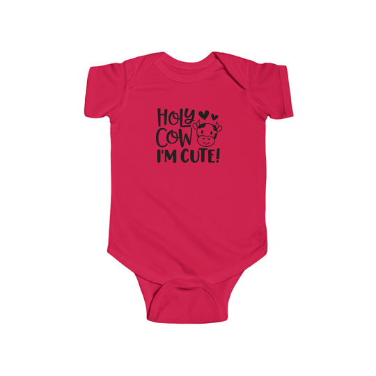 Infant fine jersey bodysuit with ribbed knitting, plastic snaps, and tear-away label. Features Holy Cow I'm Cute Onesie design. 100% cotton fabric. Lightweight. Sizes: NB-24M. Combed ringspun cotton. Durable seams.