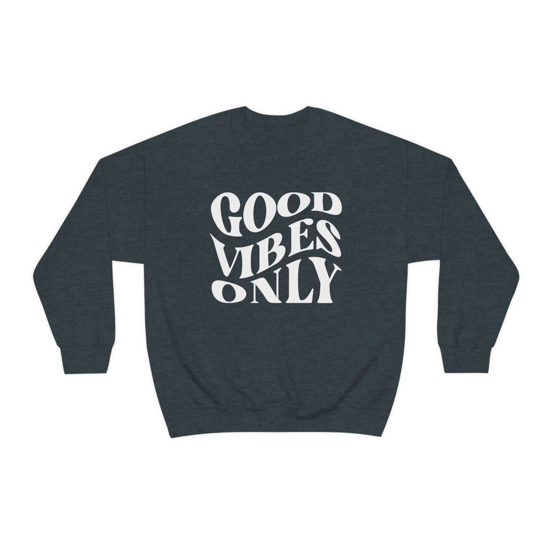 Unisex Good Vibes Only Crewneck sweatshirt in white with black text. Heavy blend fabric, ribbed knit collar, no itchy seams. Sizes S-5XL. Ideal for comfort and style.