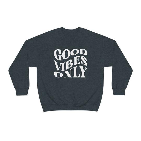 Unisex Good Vibes Only Crewneck sweatshirt in white with black text. Heavy blend fabric, ribbed knit collar, no itchy seams. Sizes S-5XL. Ideal for comfort and style.
