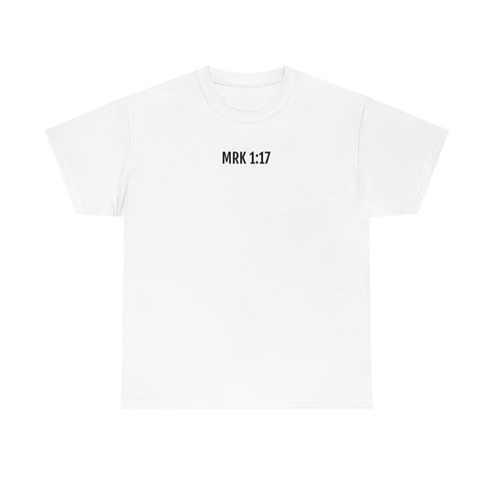 Unisex Fisher of Man Tee: White cotton shirt with black text. No side seams, durable tape on shoulders, ribbed knit collar. Classic fit, medium weight fabric. Sizes S-5XL.