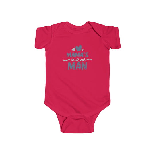 A durable and soft baby bodysuit, featuring plastic snaps for easy changing access. Made of 100% cotton with ribbed knitting for durability. Product title: Mama's New Man Onesie.