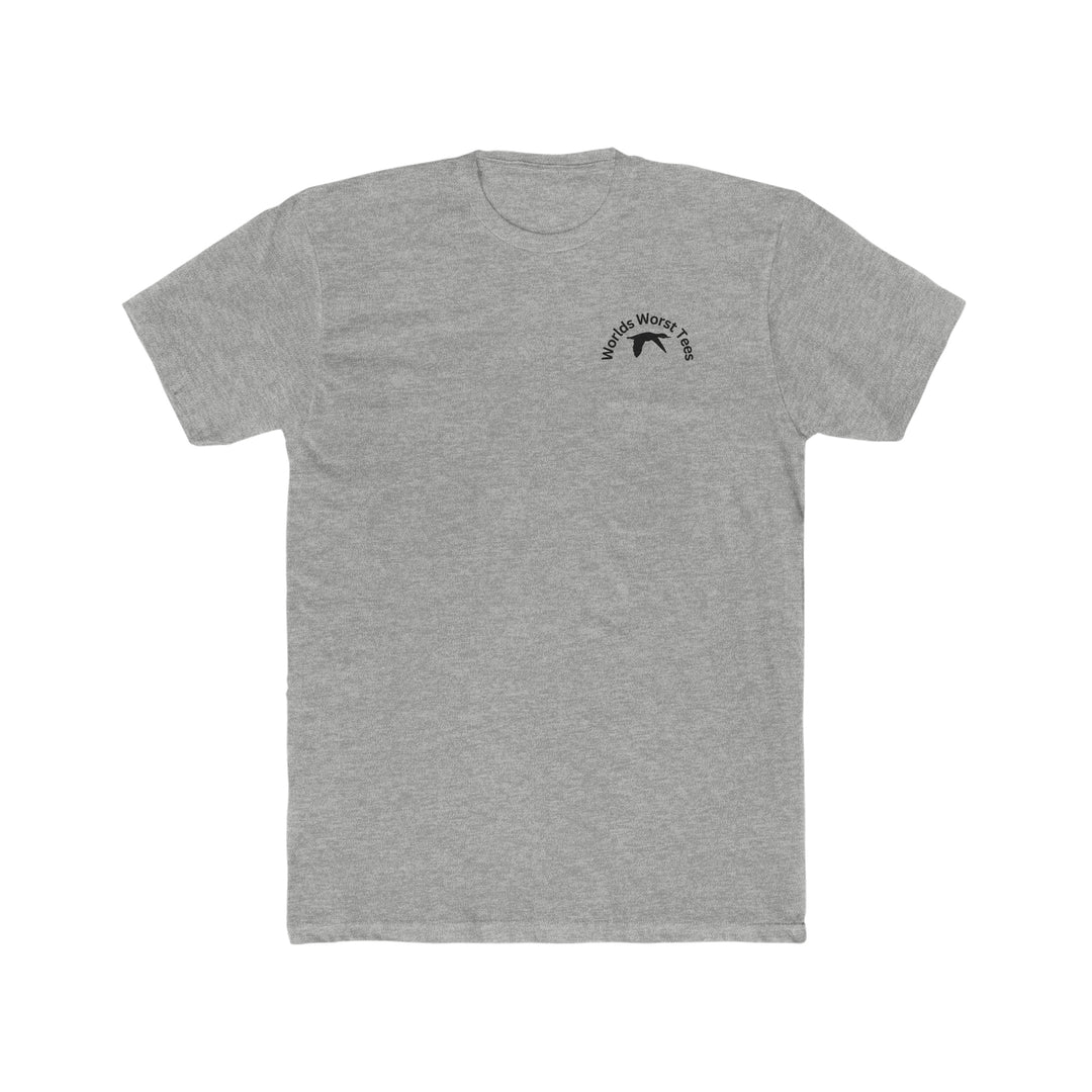 A premium Duck Duck Boom Tee for men, featuring a logo with a flying bird on a grey shirt. Comfy, light, ribbed knit collar, roomy fit. 100% combed cotton, premium fit.