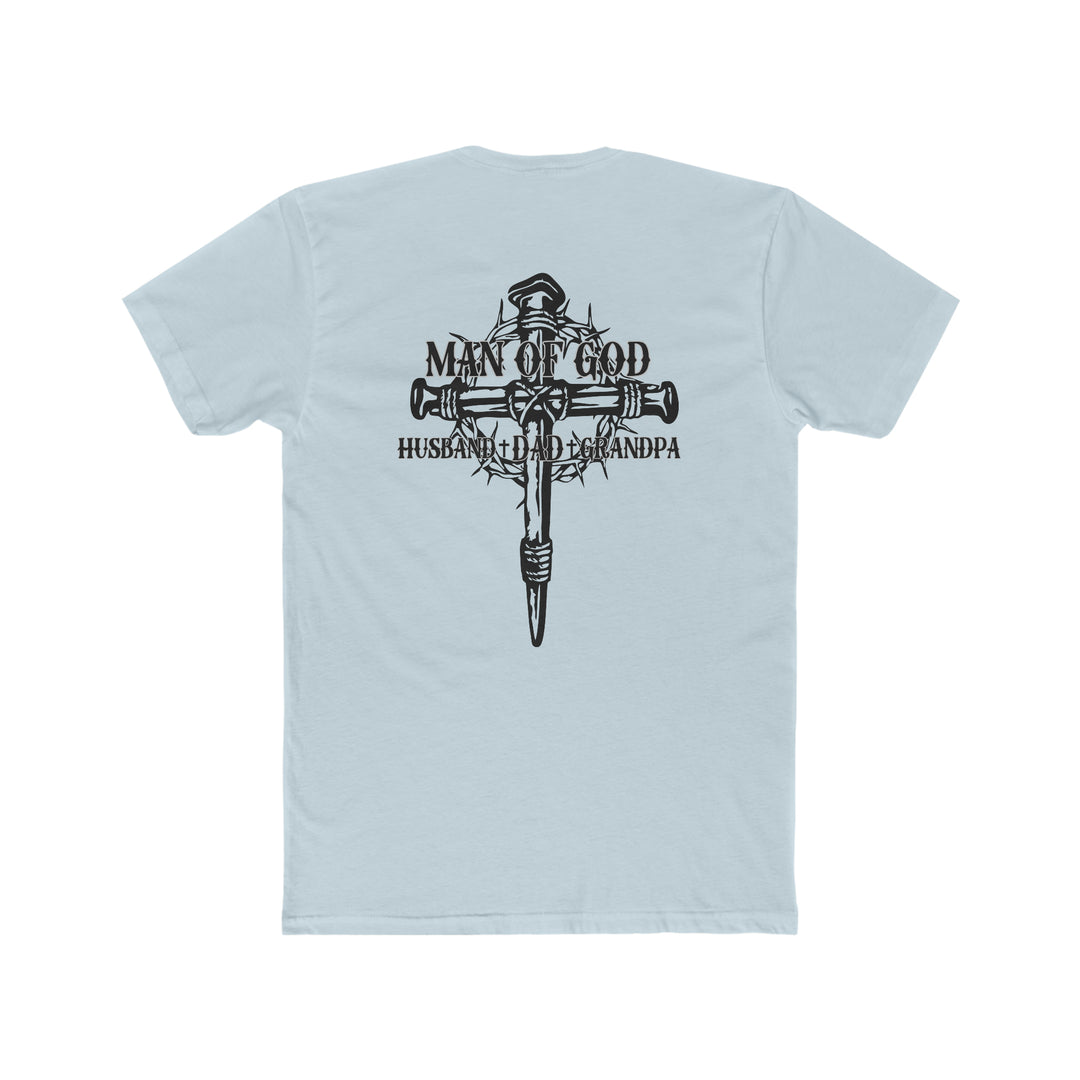 Relaxed fit Man of God Husband Dad Grandpa Tee, back view. 100% ring-spun cotton, medium weight, durable double-needle stitching, no side-seams for tubular shape. Ideal for daily wear.