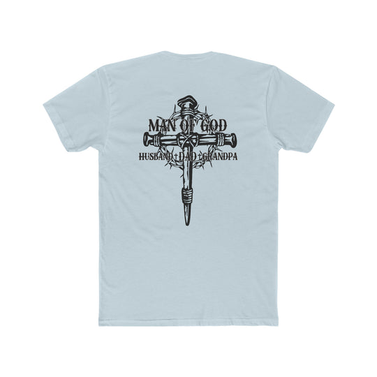 Relaxed fit Man of God Husband Dad Grandpa Tee, back view. 100% ring-spun cotton, medium weight, durable double-needle stitching, no side-seams for tubular shape. Ideal for daily wear.