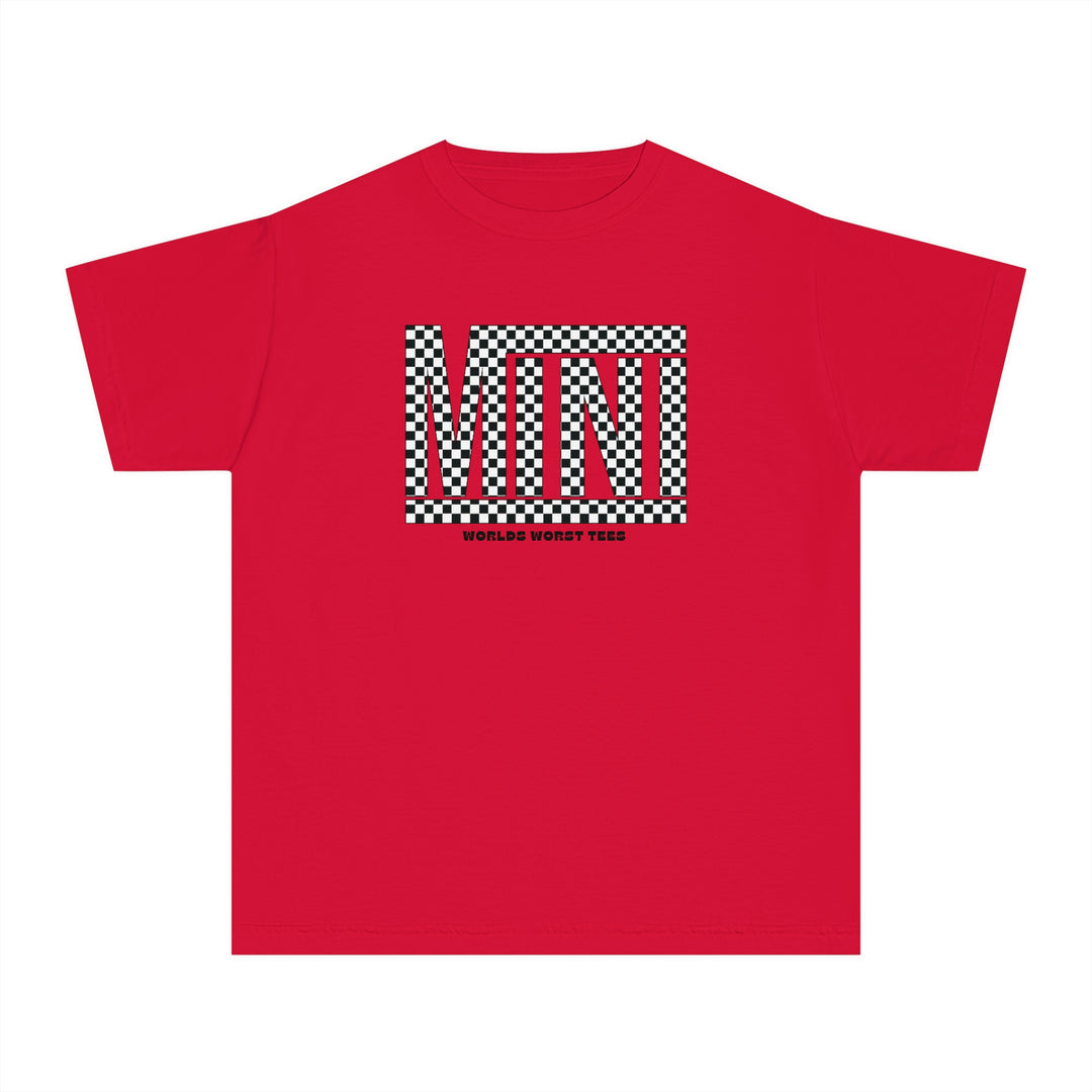 Vans Mini Kids Tee: Red shirt with black and white checkered design. 100% combed ringspun cotton, light fabric, classic fit, ideal for active kids. Soft-washed, garment-dyed, perfect for study or play.
