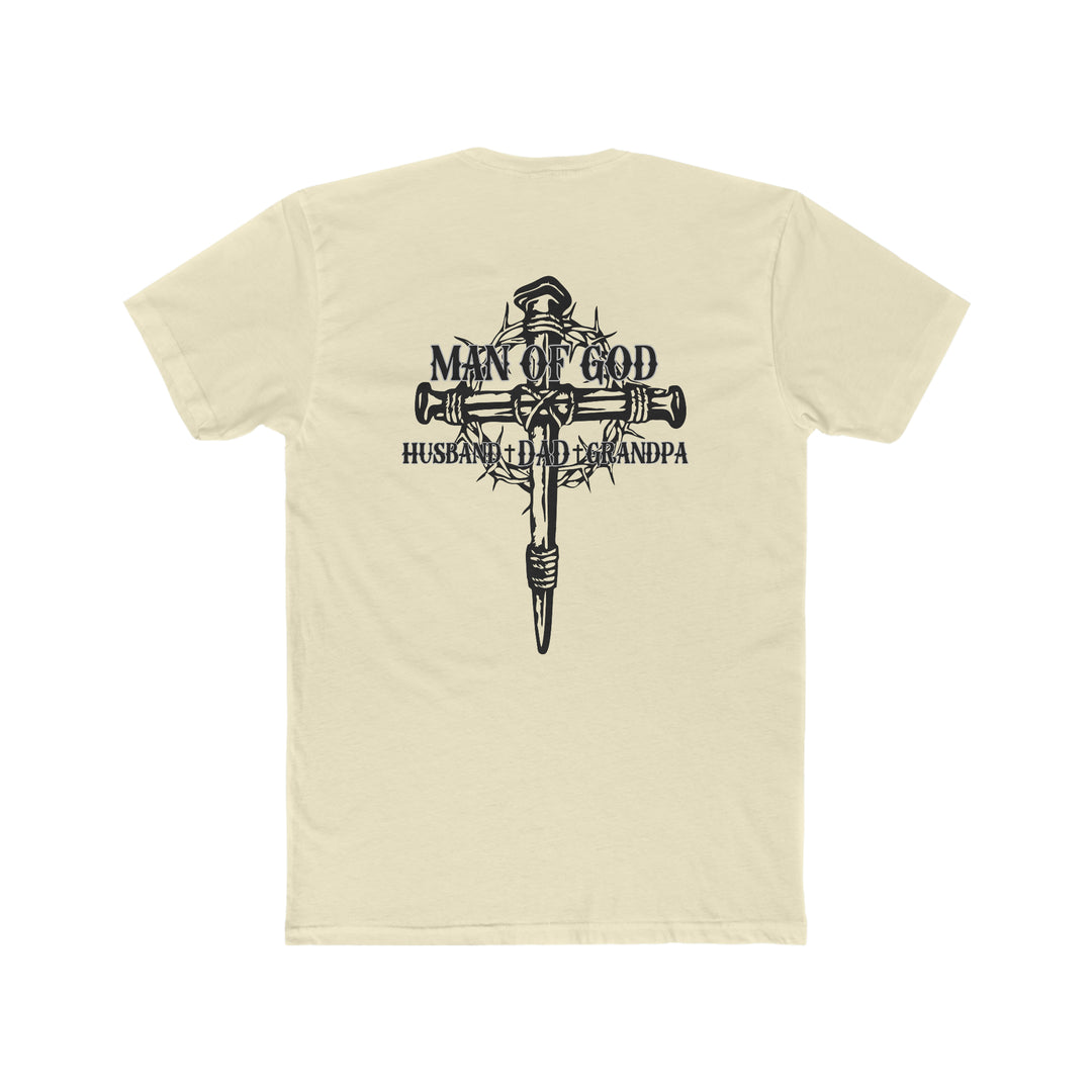 Relaxed fit Man of God Husband Dad Grandpa Tee in ring-spun cotton. Back graphic: cross with crown of thorns. Durable double-needle stitching, tubular shape. Medium weight, soft-washed, no side-seams.