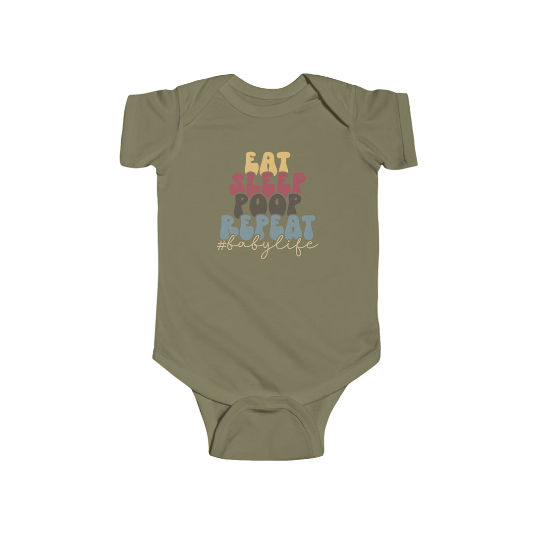 A green baby bodysuit with Eat Sleep Poop text, ideal for infants. Made of 100% cotton, featuring ribbed bindings and plastic snaps for easy changing. From Worlds Worst Tees.