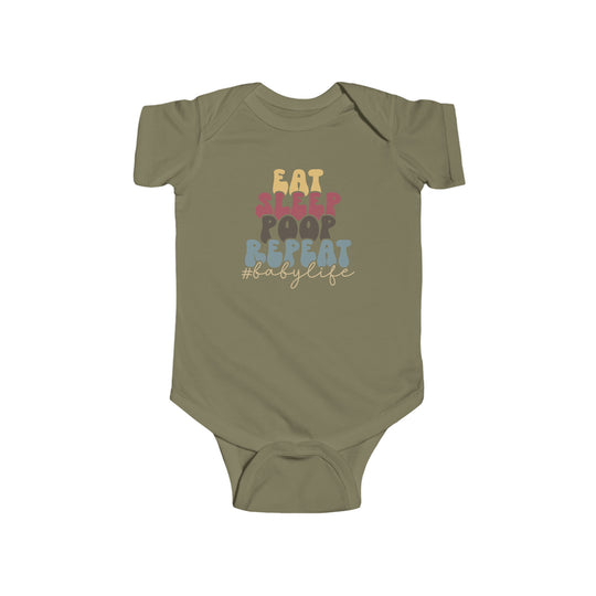 A green baby bodysuit with Eat Sleep Poop text, ideal for infants. Made of 100% cotton, featuring ribbed bindings and plastic snaps for easy changing. From Worlds Worst Tees.