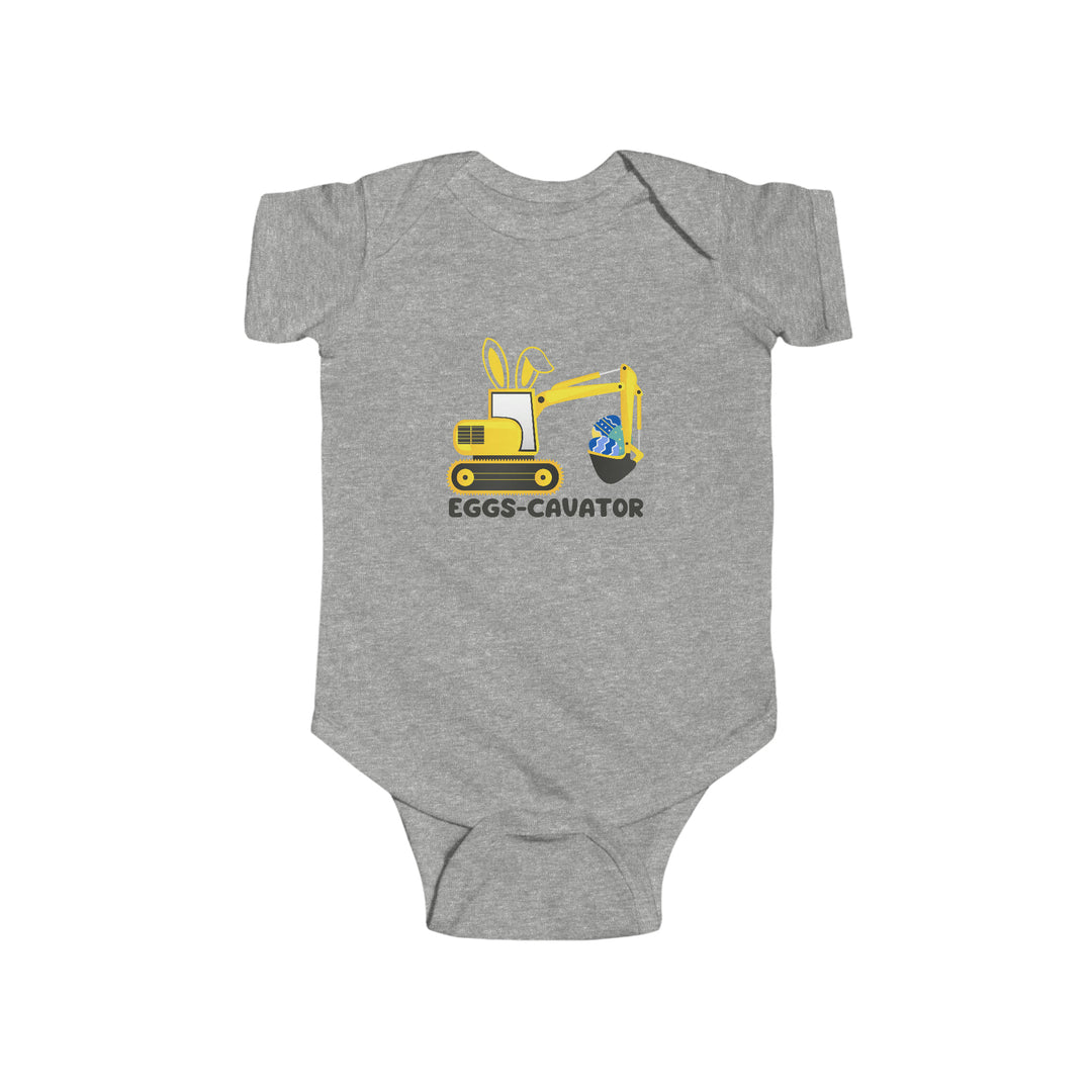 Infant fine jersey bodysuit featuring a yellow excavator and bunny design. Durable 100% cotton fabric with ribbed knit bindings and plastic snaps for easy changing. Eggs-Cavator Onesie by Worlds Worst Tees.