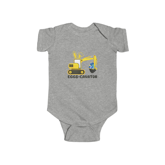 Infant fine jersey bodysuit featuring a yellow excavator and bunny design. Durable 100% cotton fabric with ribbed knit bindings and plastic snaps for easy changing. Eggs-Cavator Onesie by Worlds Worst Tees.