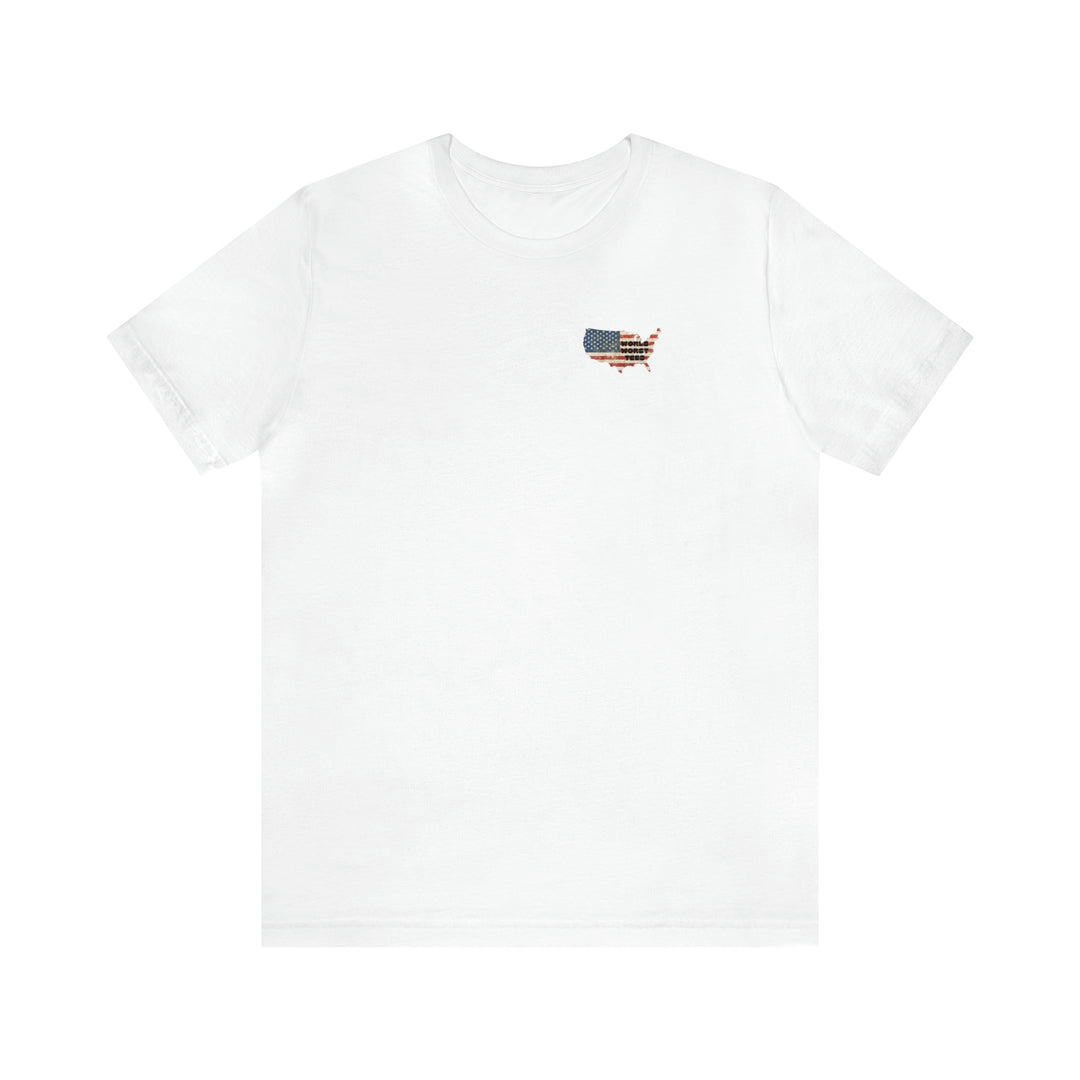 A white t-shirt featuring a flag patch, embodying patriotism with a USA Some Gave All Tee. Unisex jersey tee with ribbed knit collars, taping on shoulders, and Airlume combed cotton.