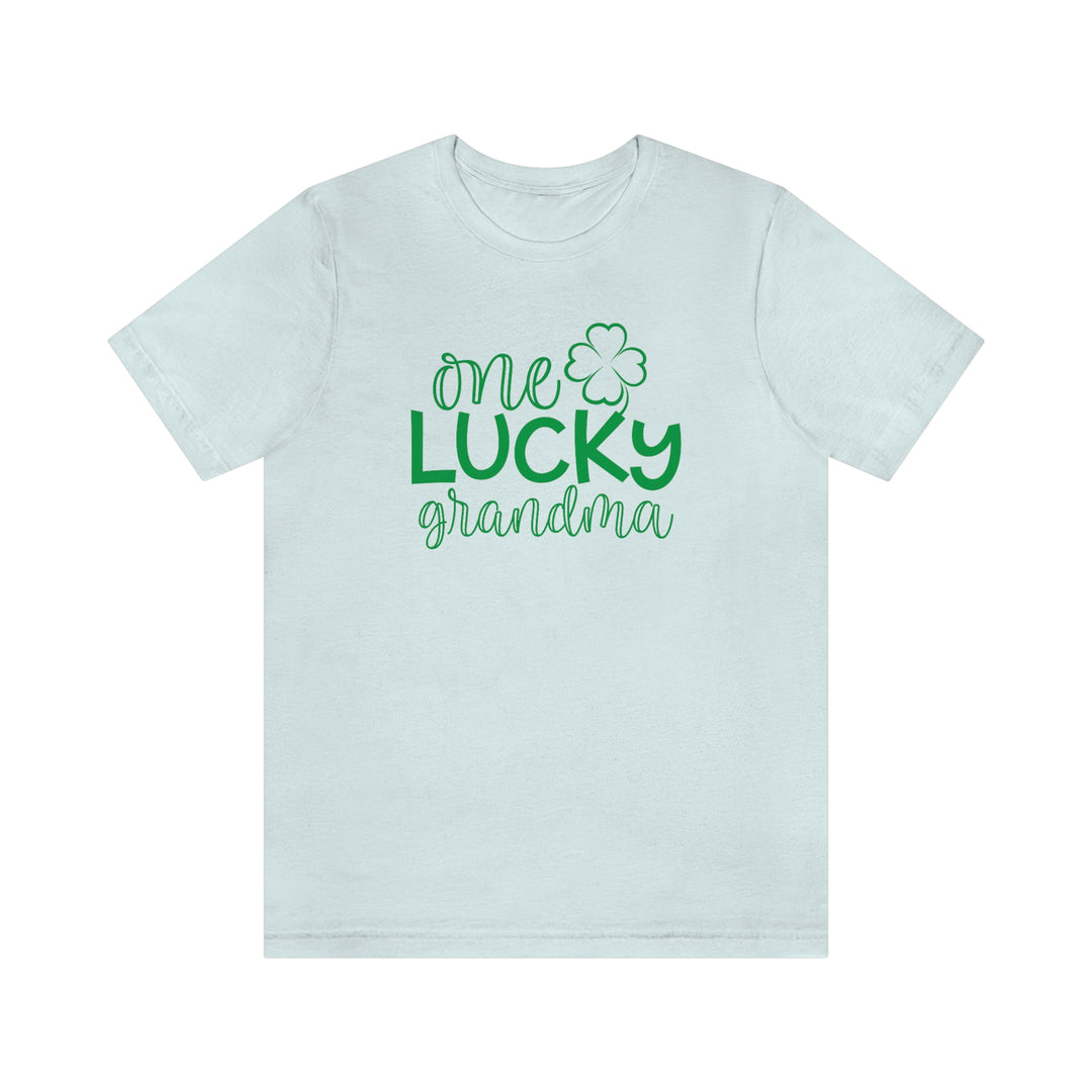 Unisex jersey tee with green One Lucky Grandma text, featuring ribbed knit collar, taping on shoulders, and dual side seams for durability. Made of 100% cotton, retail fit, and light fabric.