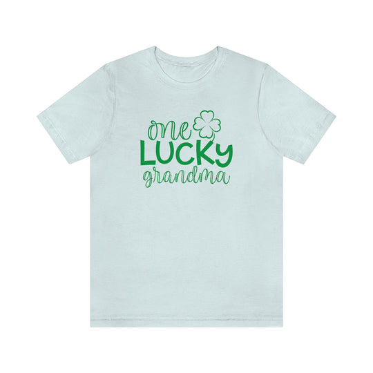 Unisex jersey tee with green One Lucky Grandma text, featuring ribbed knit collar, taping on shoulders, and dual side seams for durability. Made of 100% cotton, retail fit, and light fabric.